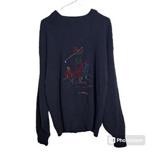 Scottish Isle Navy Blue Knit Golf Print Embroidered Oversized Sweater Size Large